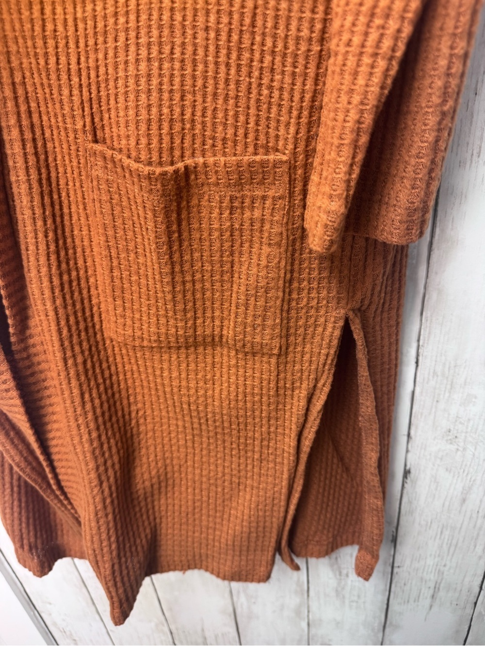 Long Open-Front Waffle Knit Cardigan Sweater - Rust size Small - Picture 5 of 7